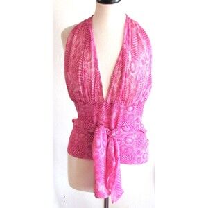 DESIGNER VINCENT PINK SNAKE PRINT 100% SILK HALTER BLOUSE TIE WAIST SIZE LARGE